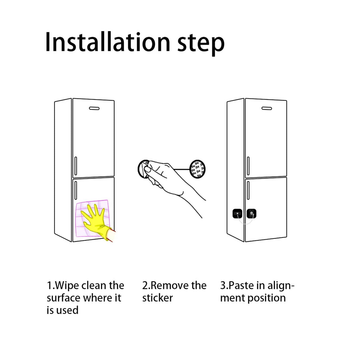Refrigerator cable lock installation step diagrams with sticker placement on a fridge