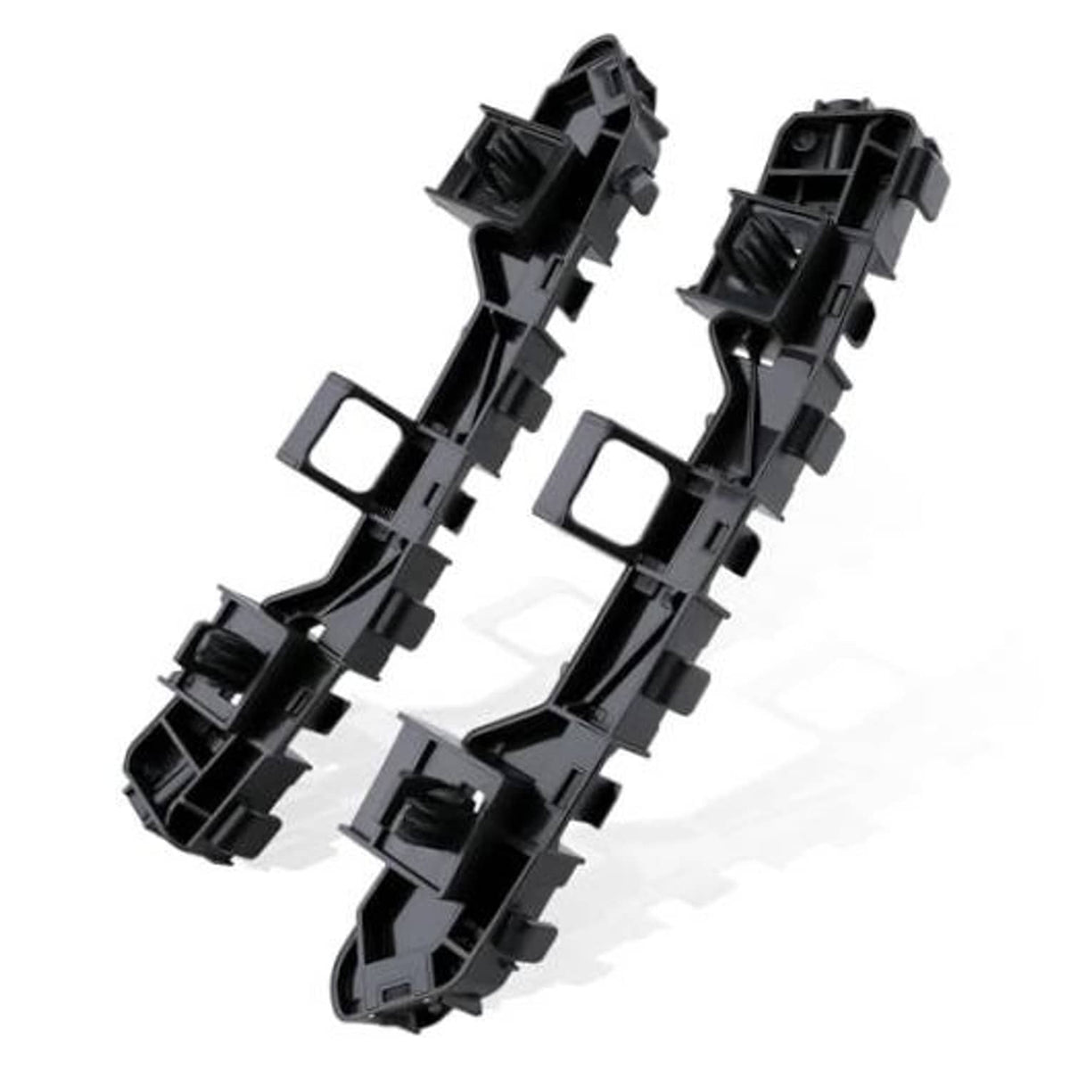 Black plastic front bumper cover support bracket, left and right with mounting tabs