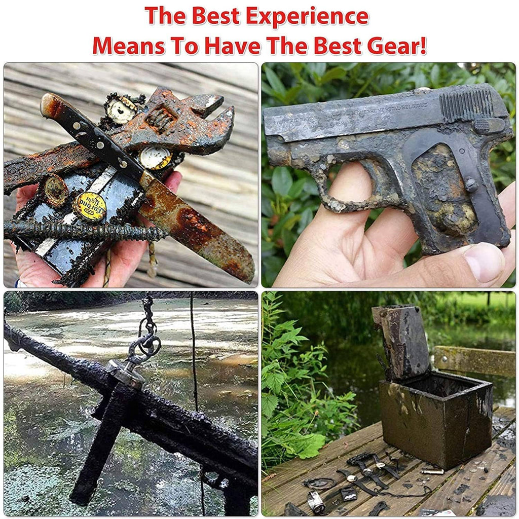 Magnet kit pulling metal debris with rope and grappling hook from a surface