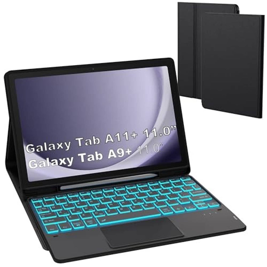 Black tablet keyboard case with cyan backlit keyboard and folio cover partially open