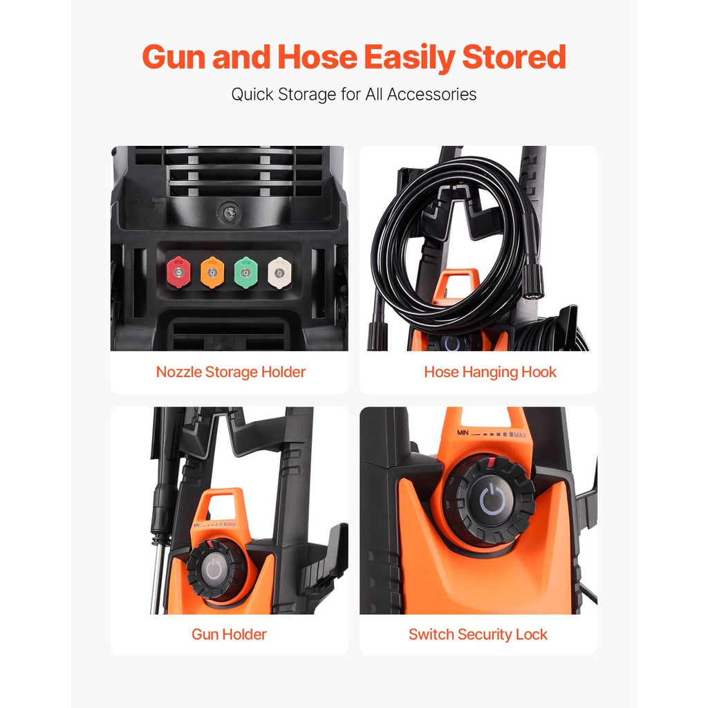 Electric pressure washer with nozzle storage and hose hanging hook