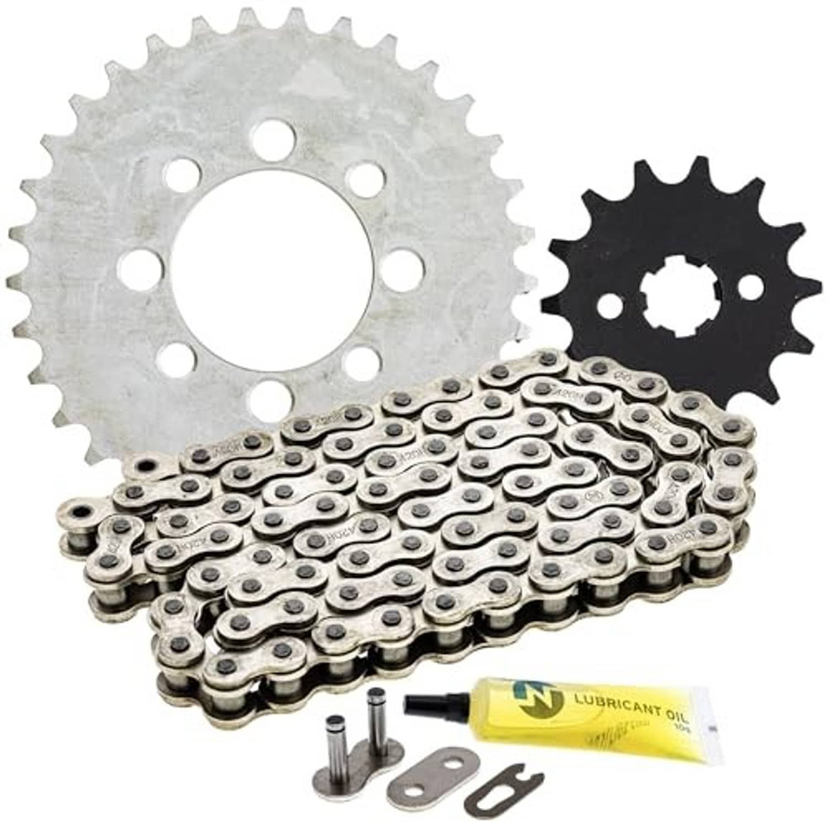Silver and black sprockets with metal roller chain and lubricant tube