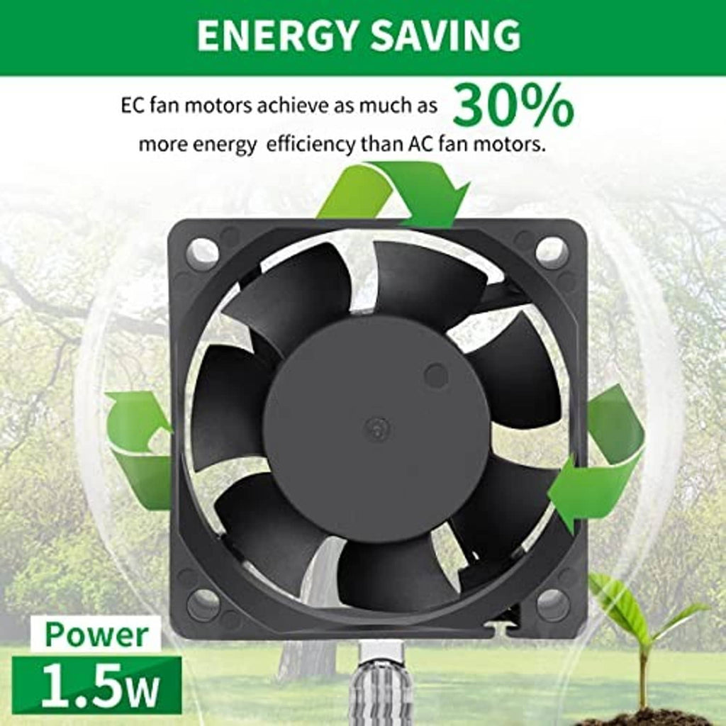 Black square EC axial fan with four corner screw holes and multi-blade rotor