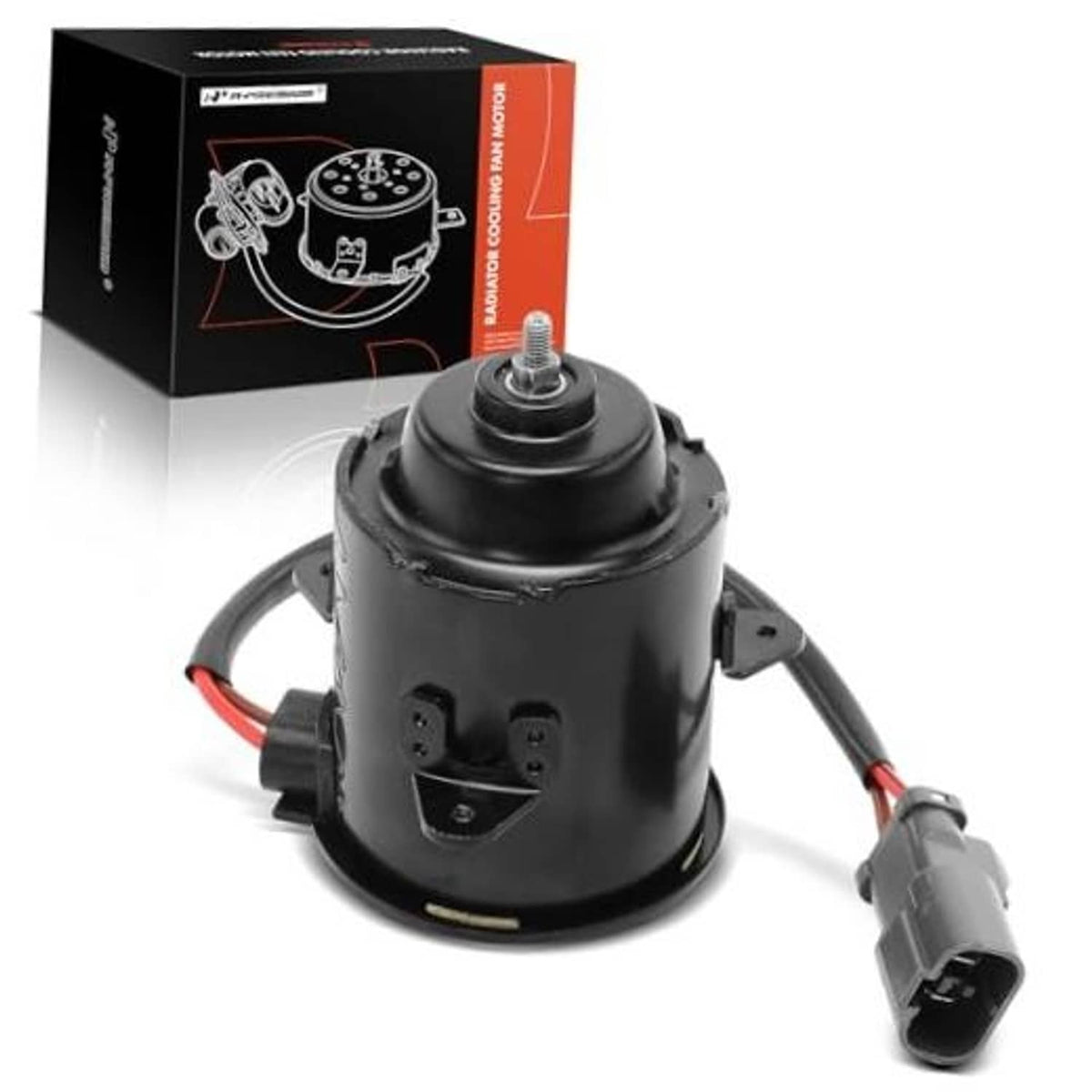 Black radiator cooling fan motor with mounting base and red/black wire leads