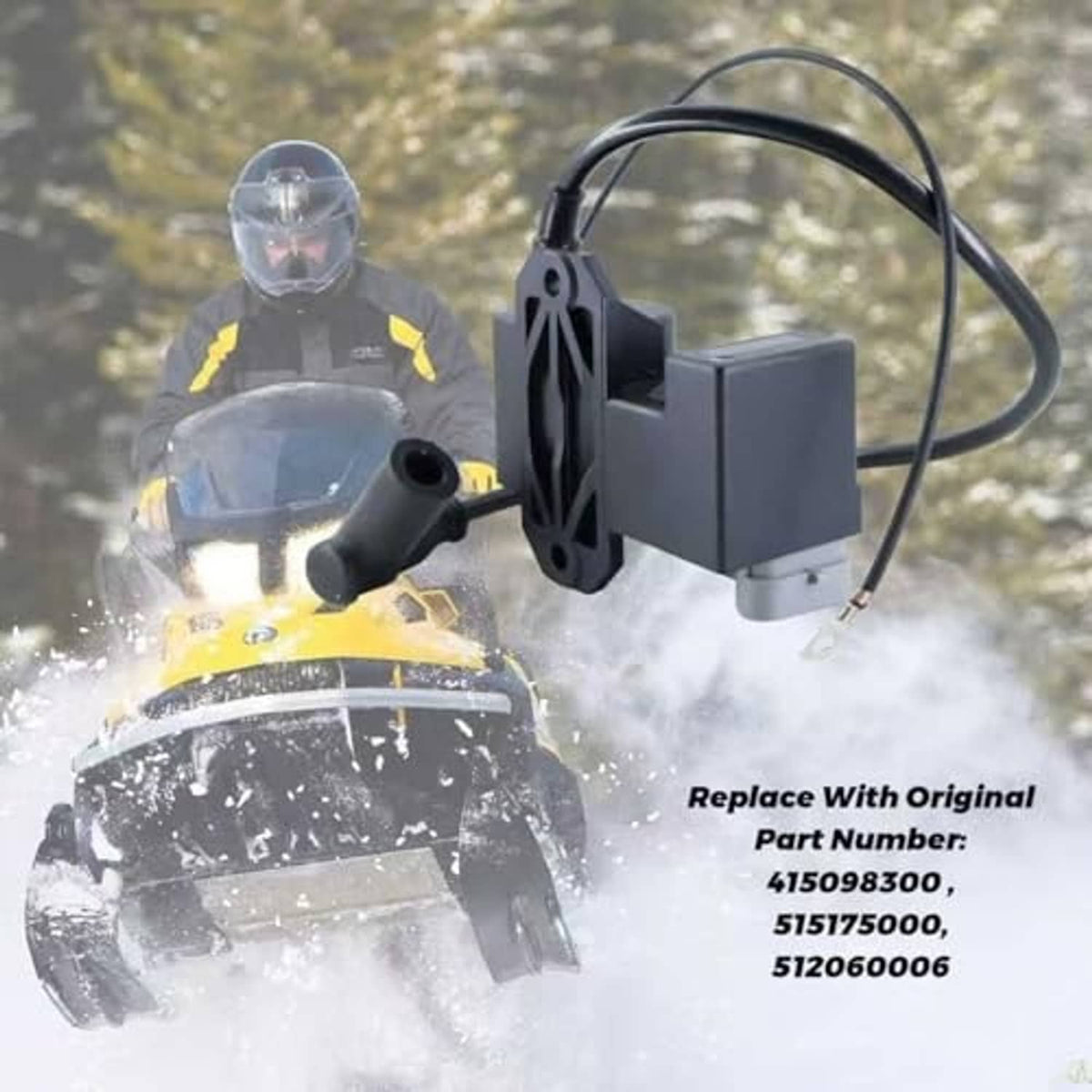 Ignition coil module with wiring harness; shown near snowmobile front