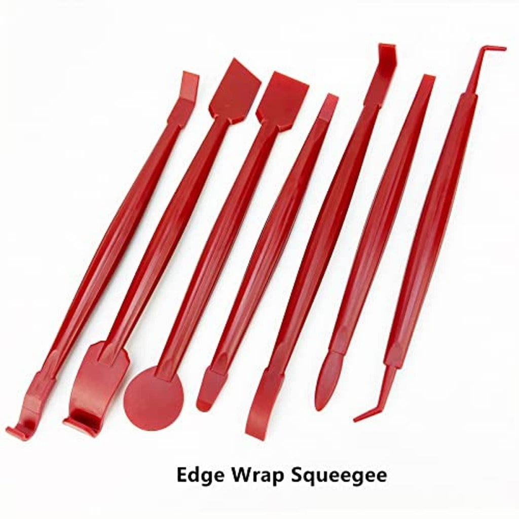 Edge wrap squeegees with red plastic blades for applying vinyl and trimming edges