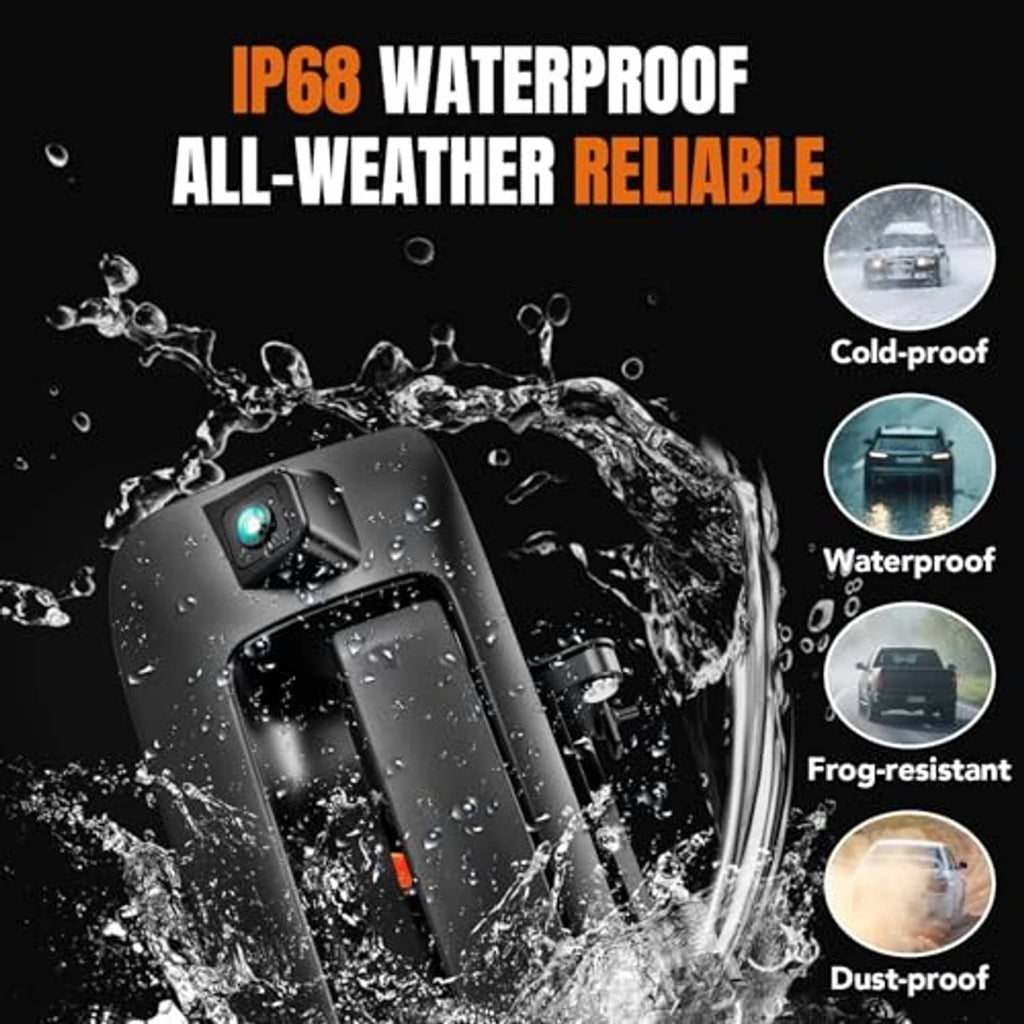 Waterproof tailgate backup camera housing with lens, splash-resistant protective design.