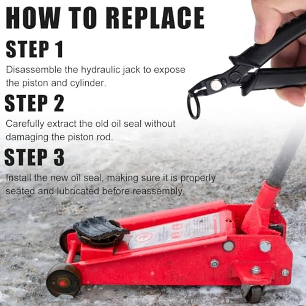 Hydraulic jack oil seal replacement with seal rings and extractor tool on jack