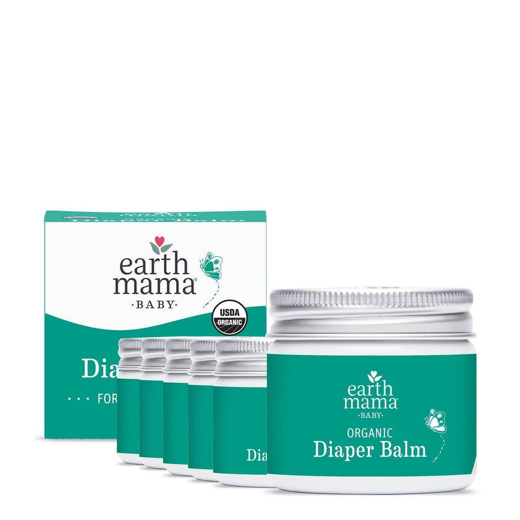 Organic diaper balm jar and box set with teal-and-white packaging, silver lid