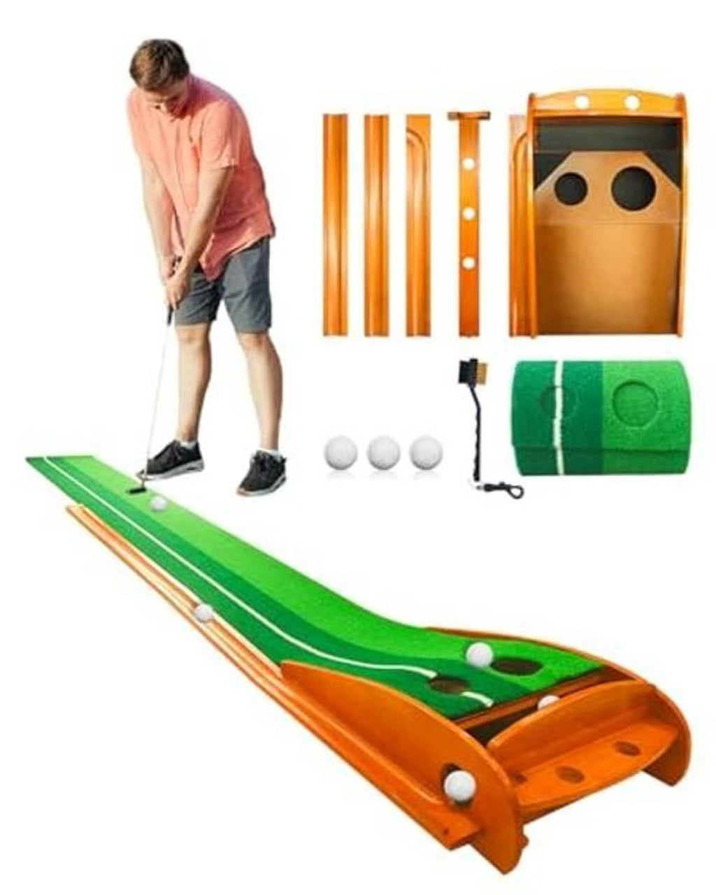 Green putting surface with orange base and guide track, two goal holes and practice balls