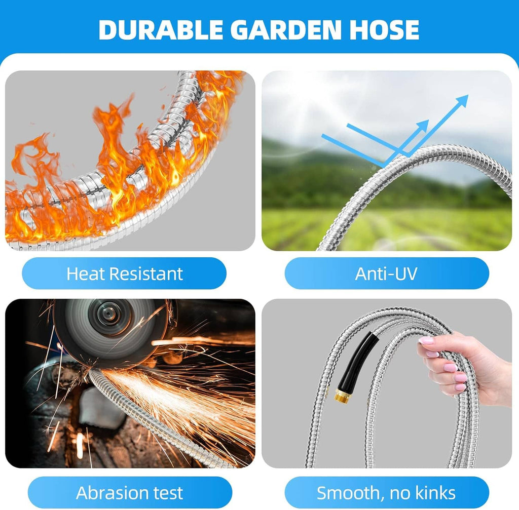 Durable stainless steel garden hose with heat-resistant metal braid and brass fitting