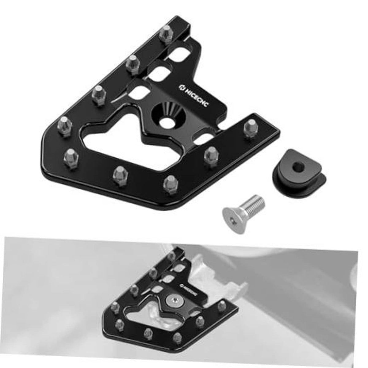 Black CNC-machined foot brake pedal lever extender with mounting bolts and rubber pad