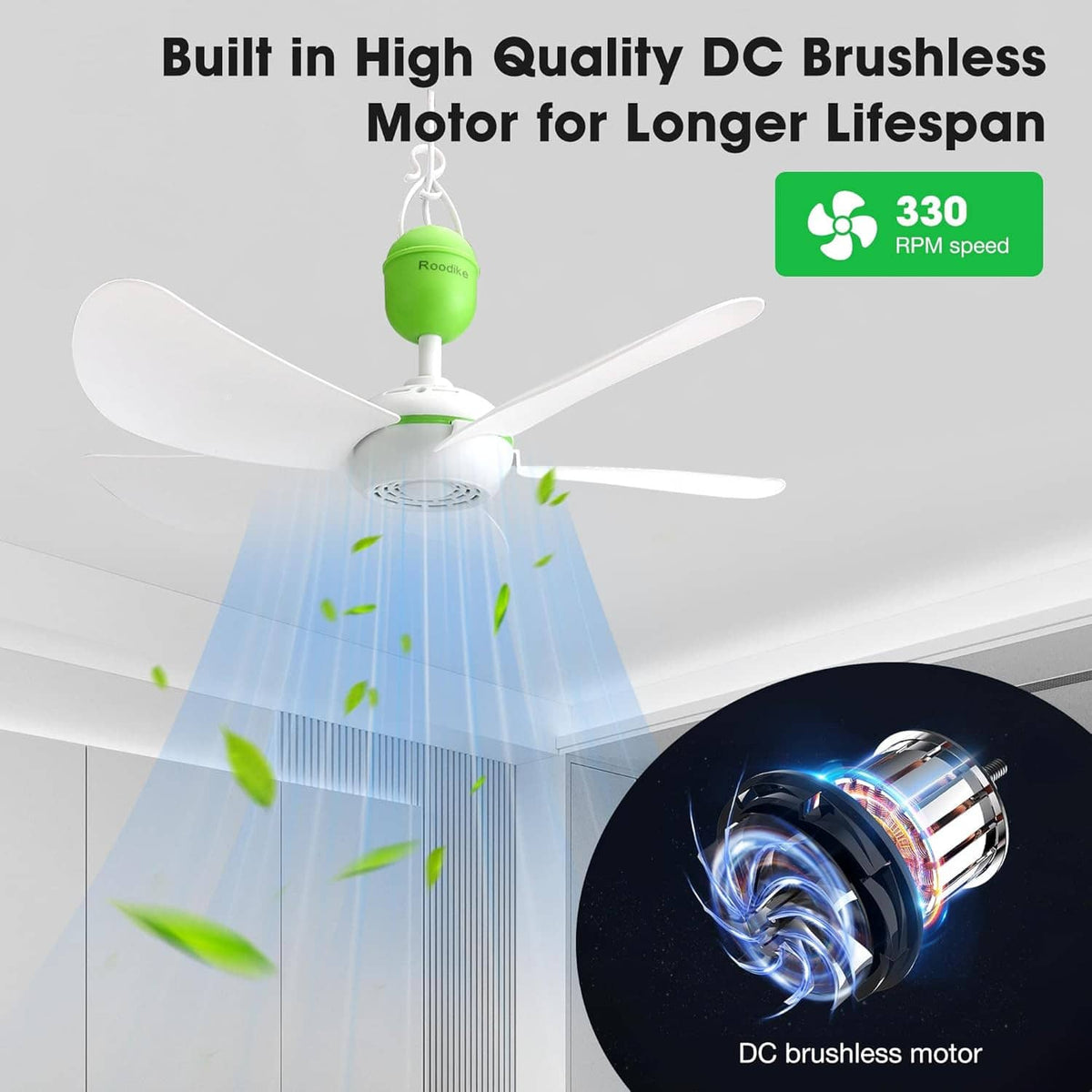 Portable USB ceiling fan featuring DC brushless motor with five white blades and green housing