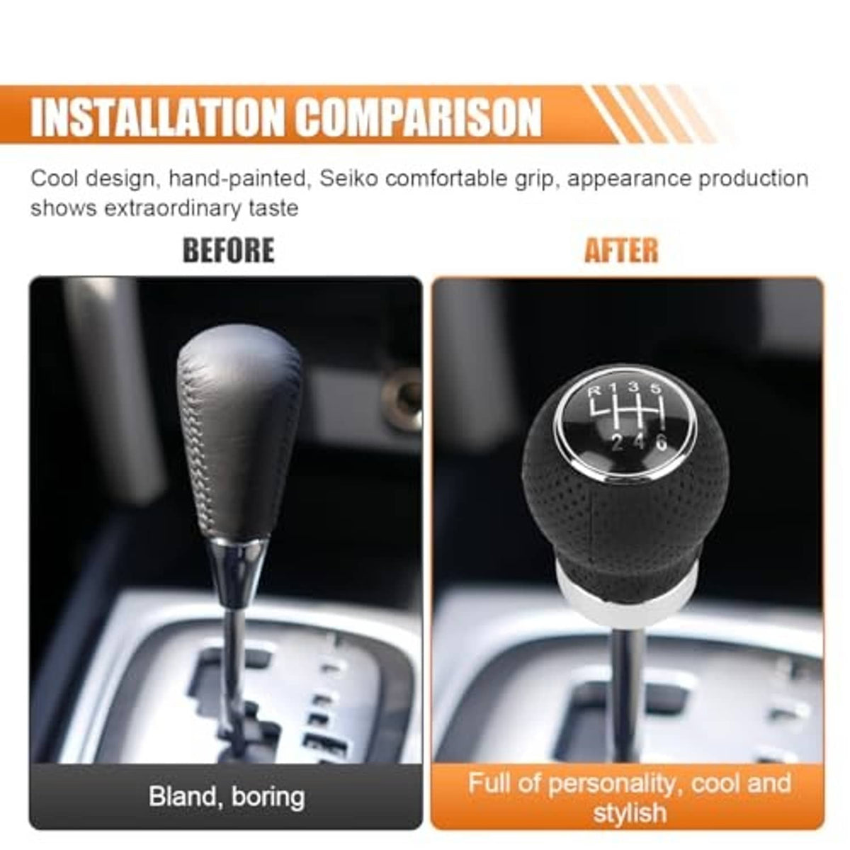 Black round 6-speed shift knob with chrome ring displayed above a gear lever area