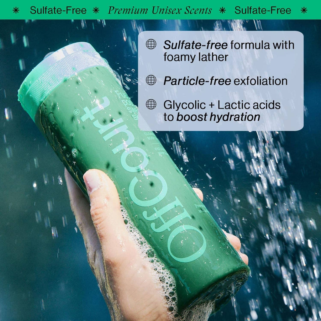 Offcourt sulfate-free shower gel bottle in water spray, green bottle