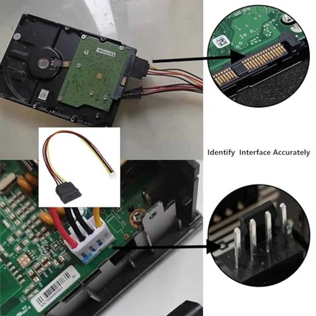 SATA power adapter cable with 15-pin SATA connector, shown on hard drive board