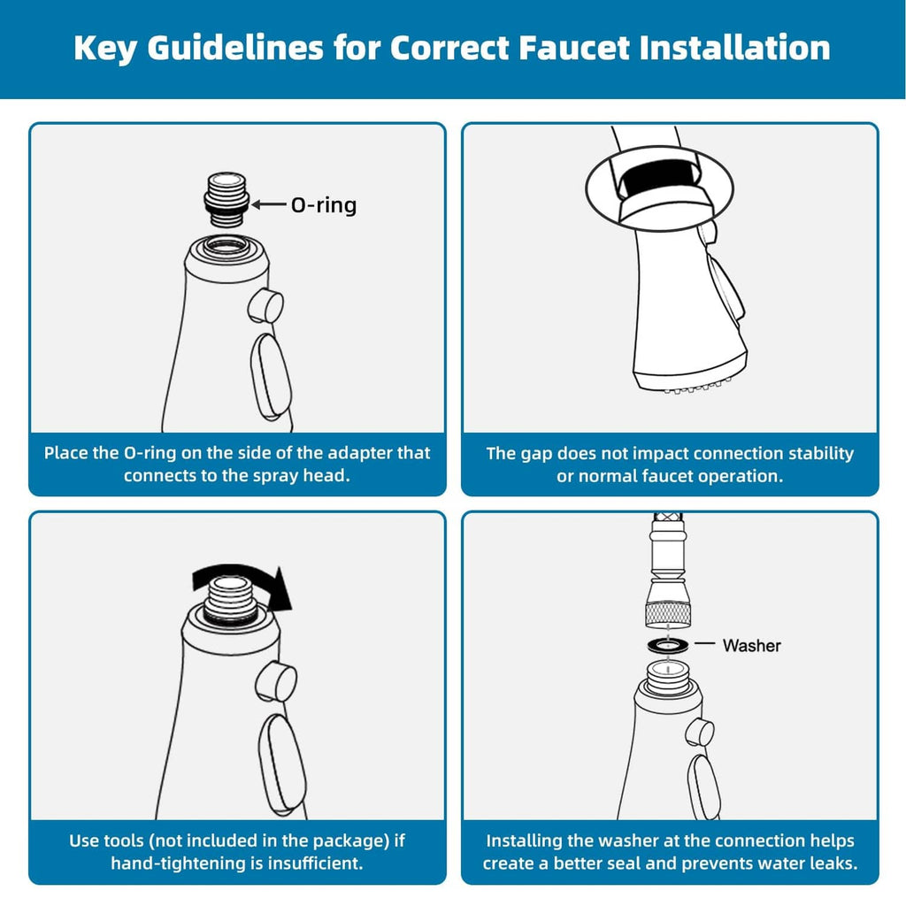 Installation guide diagram showing adapter o-ring and washer placement for pull-down head