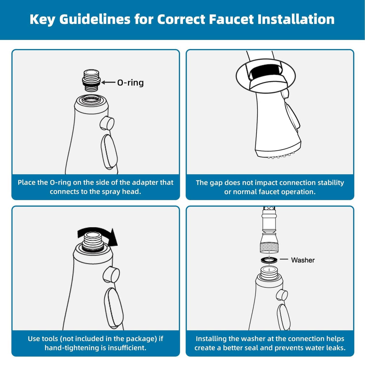 Installation guide diagram showing adapter o-ring and washer placement for pull-down head