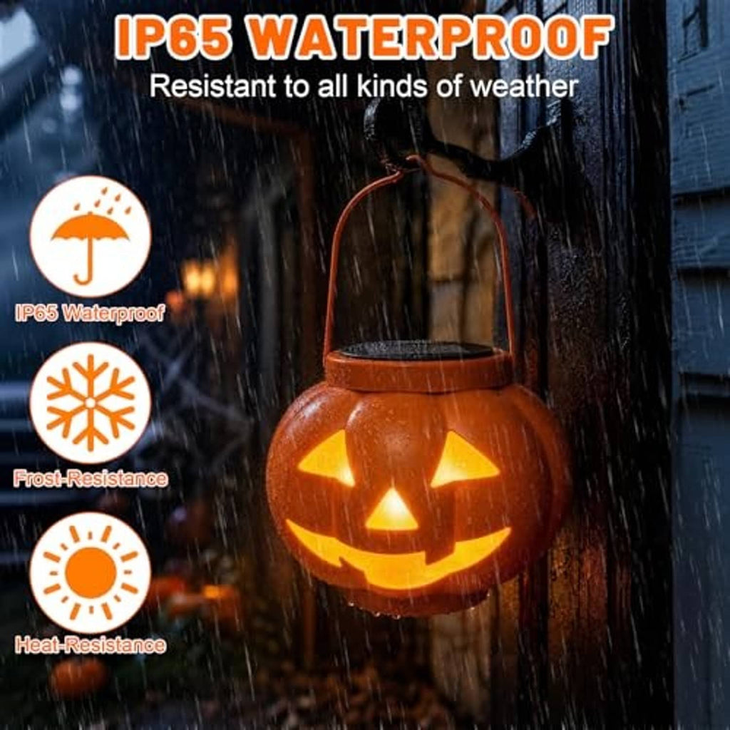 Orange pumpkin solar lantern with glowing jack-o'-lantern cutouts in rainy weather