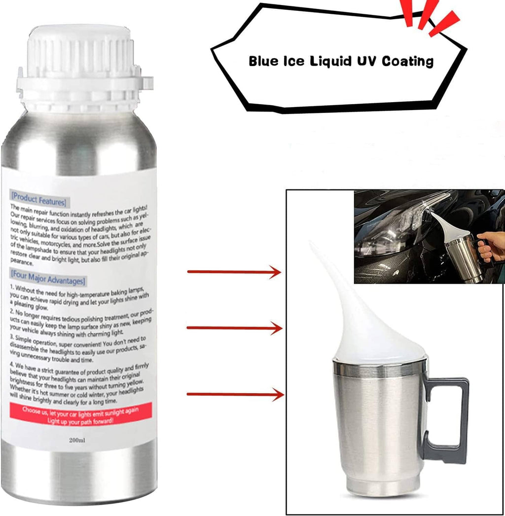 Car headlight restoration liquid bottle with silver pour cup and handle