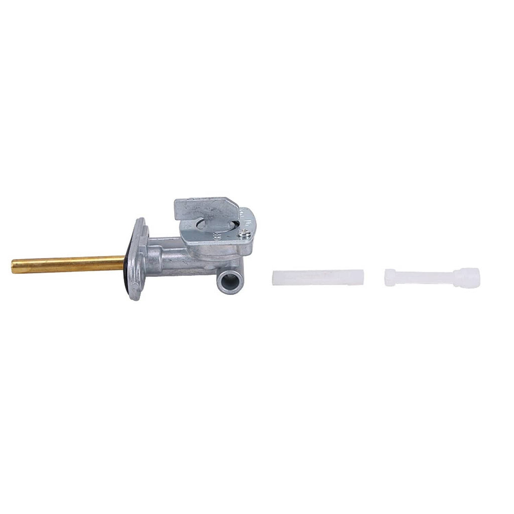 Fuel petcock valve switch assembly with brass inlet tube and white vacuum tube, silver body