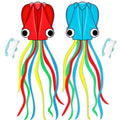 Red octopus kite with large eyes and colorful ribbon tentacles