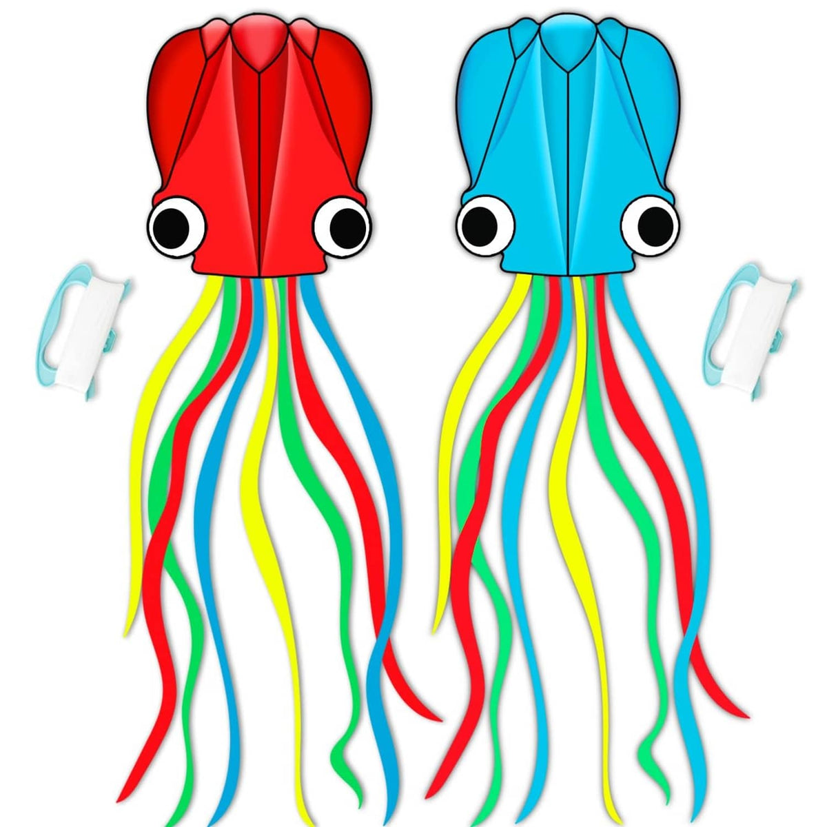 Red octopus kite with large eyes and colorful ribbon tentacles