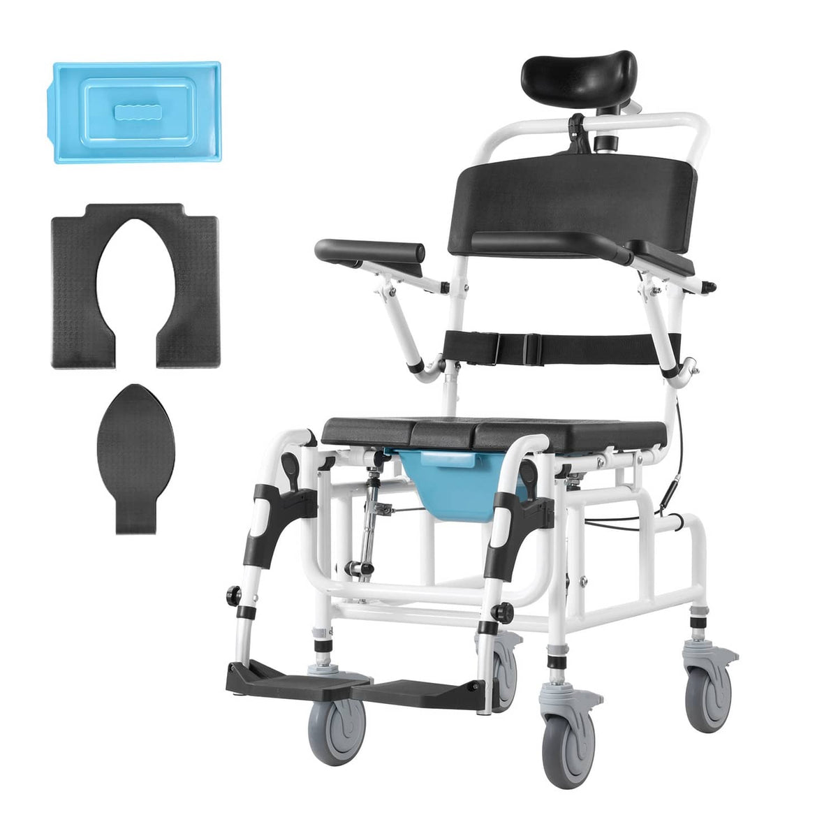 Shower commode wheelchair with black padded seat, backrest, and armrests