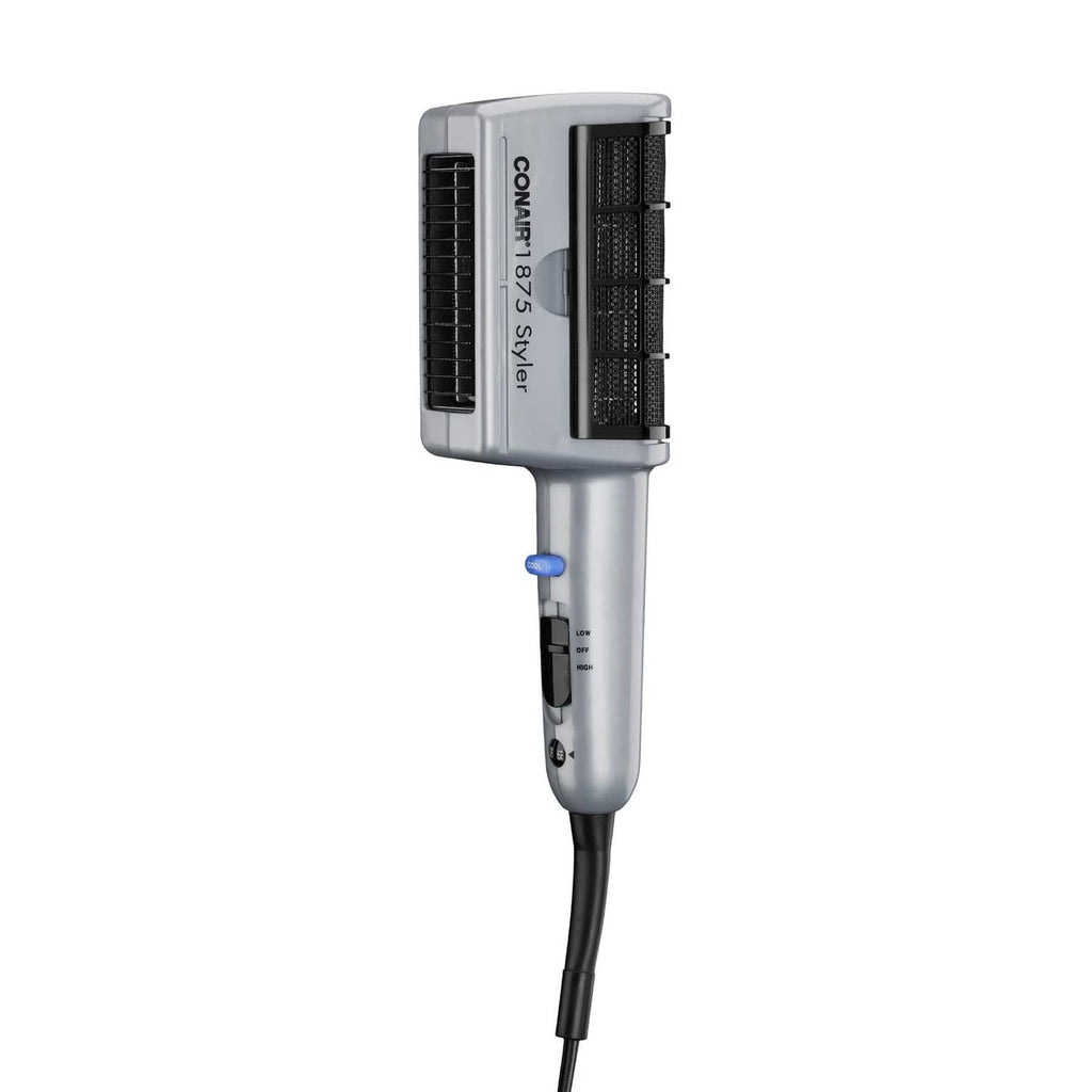 Conair styling hair dryer, silver body with black vent and blue control button