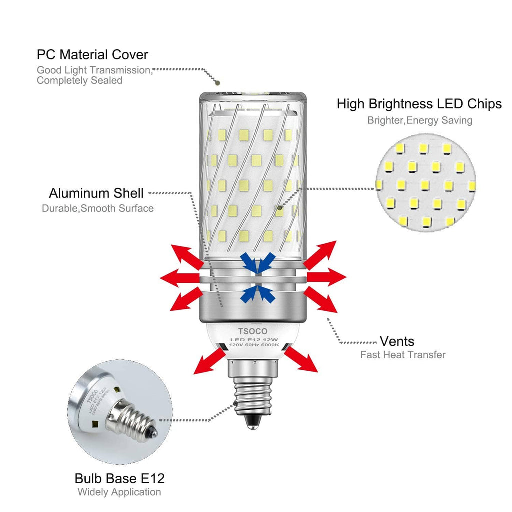 E12 LED bulb design with PC cover, aluminum shell, and cooling vent features
