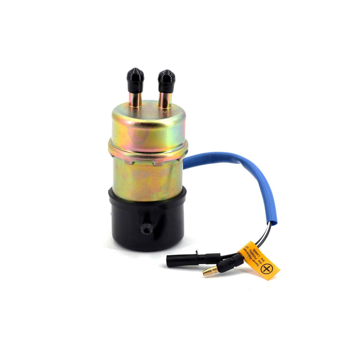Electric fuel pump assembly with blue wiring, black base, and yellow connector tag