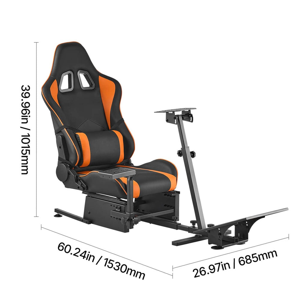 Racing simulator wheel stand with black and orange seat, steering mount, and pedal frame