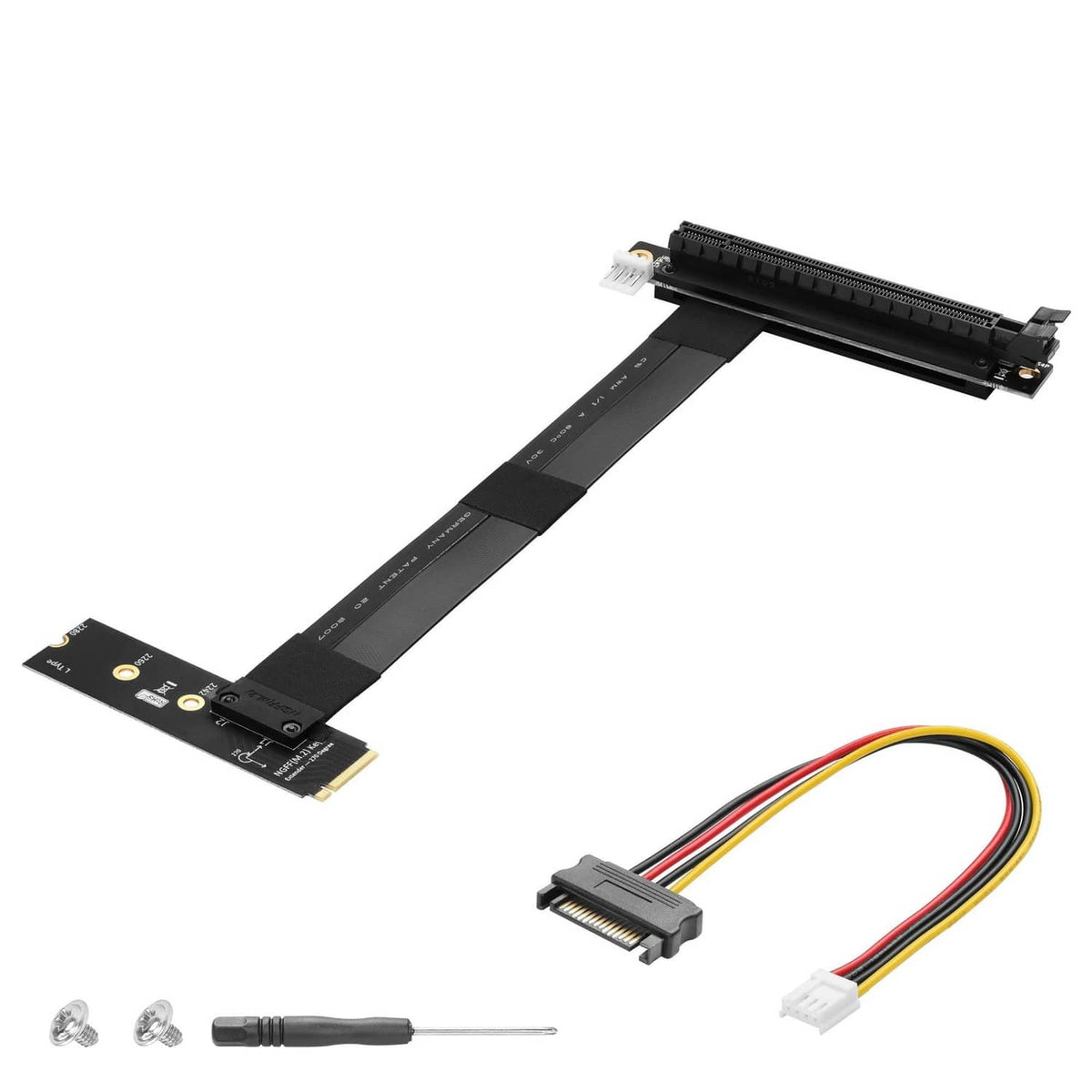 Black 90-degree left M.2 NGFF to PCIe x16 riser card with ribbon cable and PCB