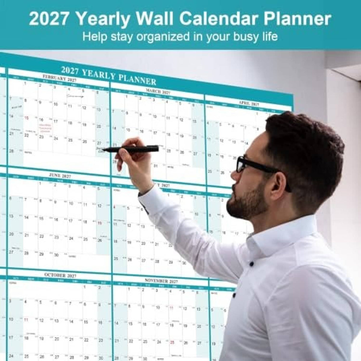Teal 2027 yearly wall calendar planner with dry-erase writing grid and month blocks