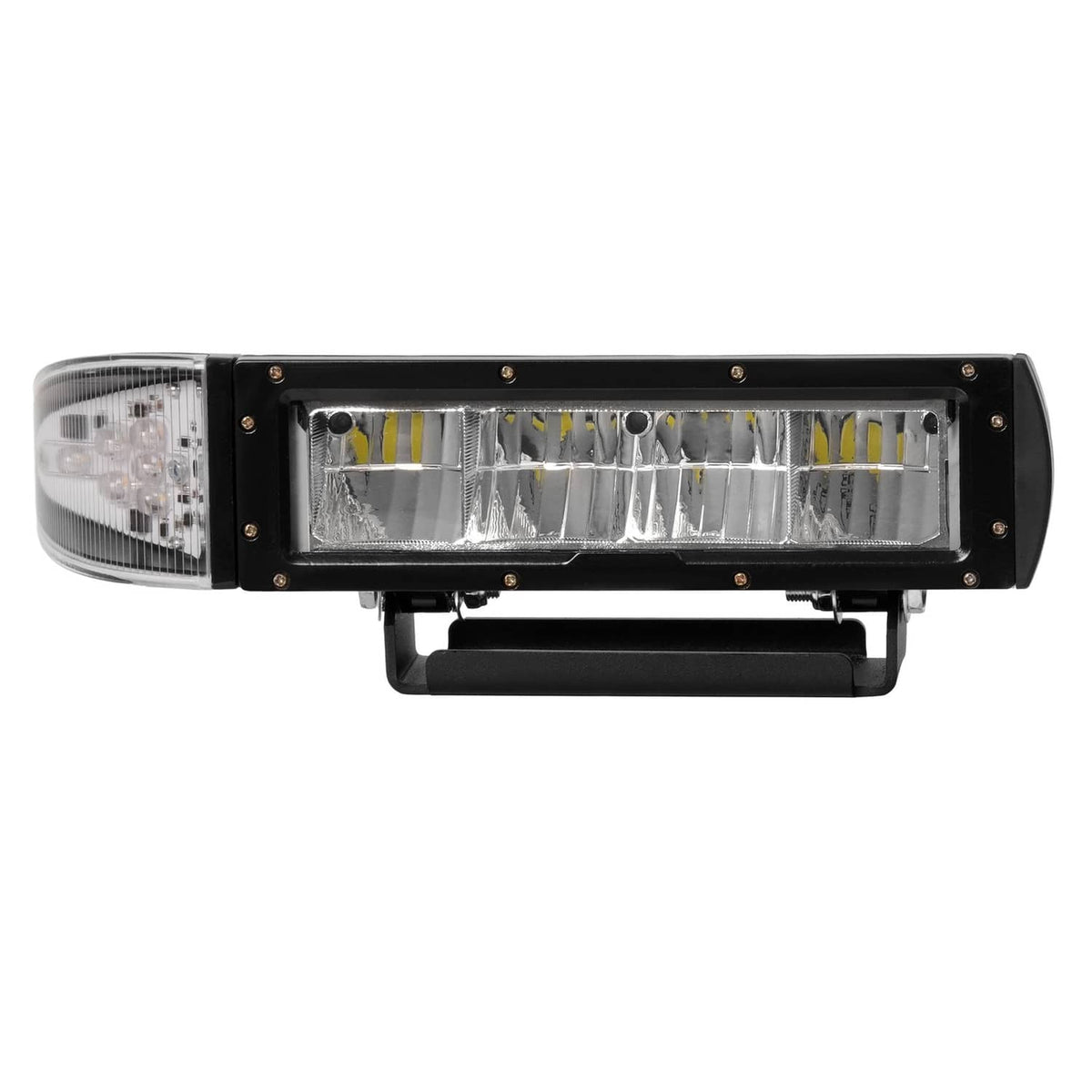 Universal LED plow light bar with black frame, clear lens, and internal LED reflectors