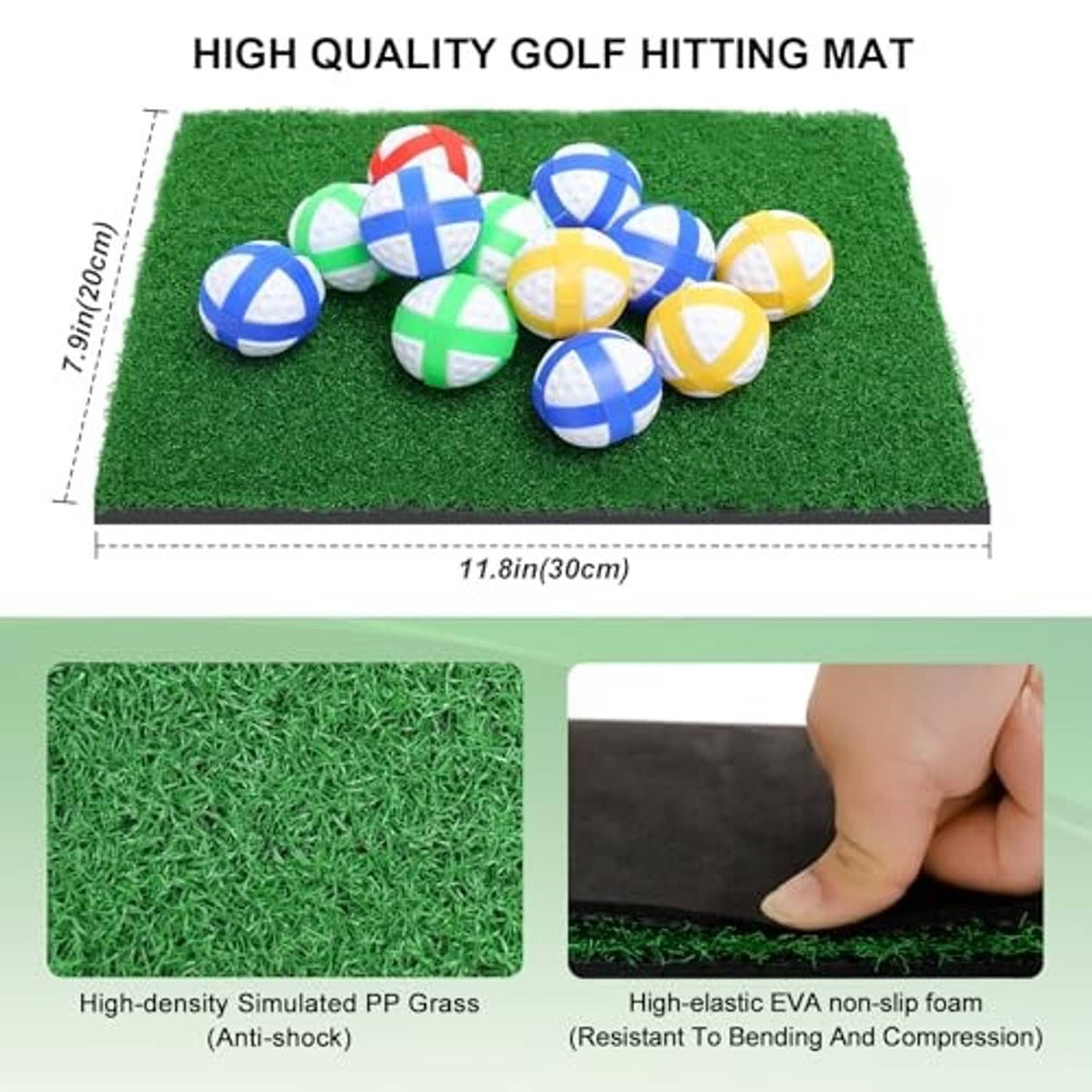 Green turf-style hitting mat surface with several colorful golf balls