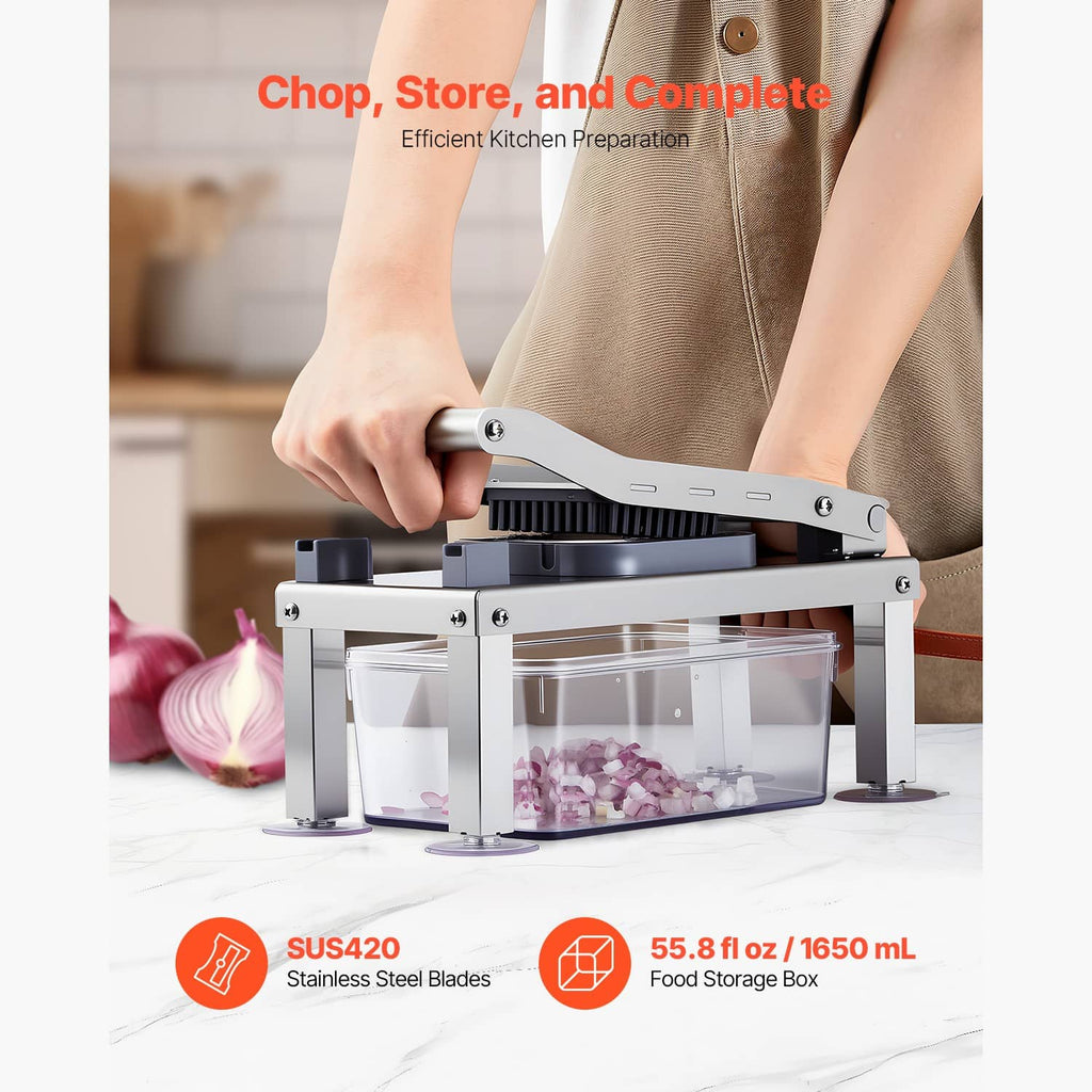 9-in-1 chopper slicer held by hand over a transparent food storage box