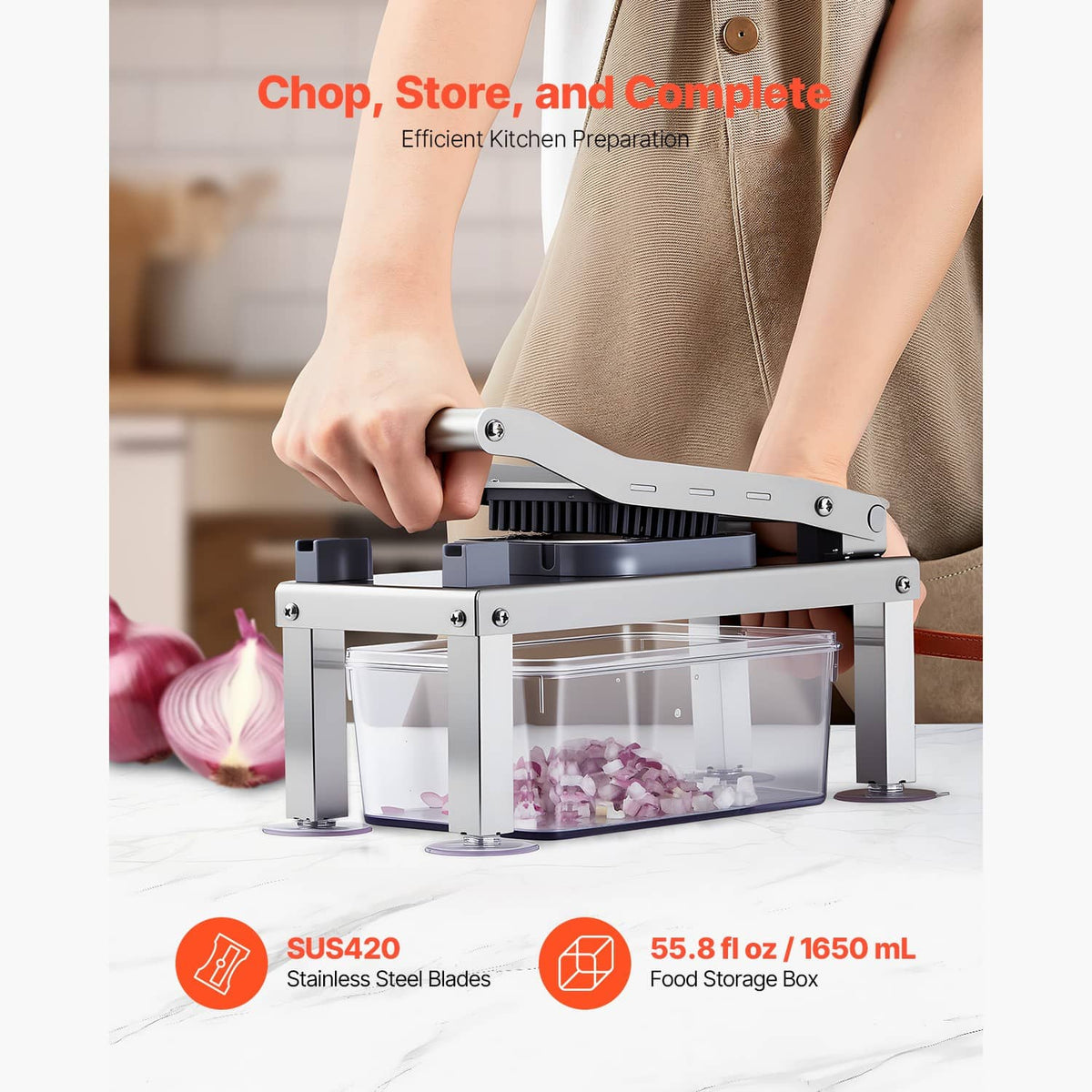 9-in-1 chopper slicer held by hand over a transparent food storage box