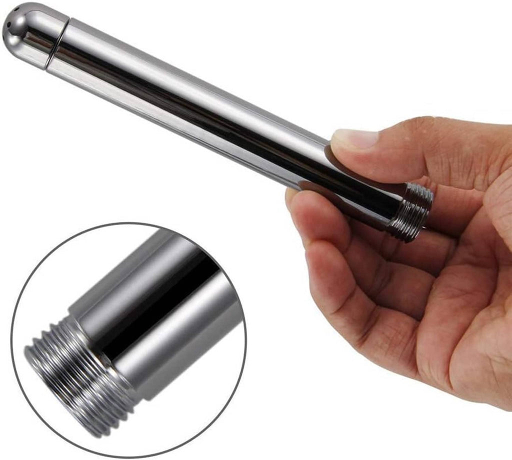 Chrome long shower nozzle cleaner held in hand with threaded end visible