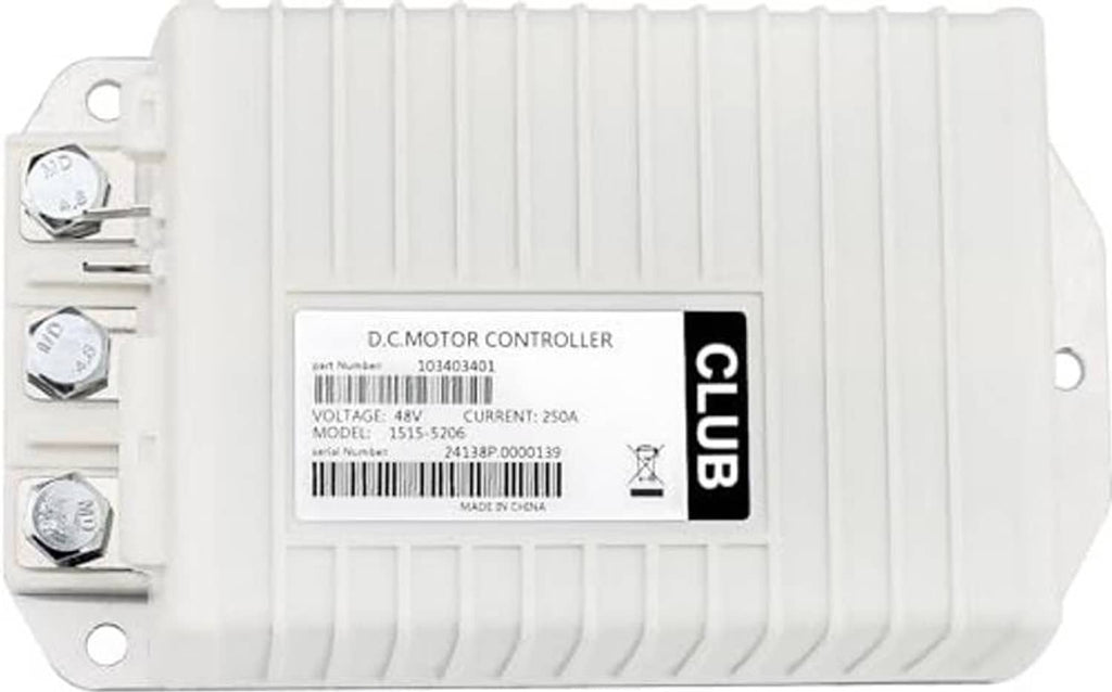 White DC motor controller with black label area and mounting holes on the casing