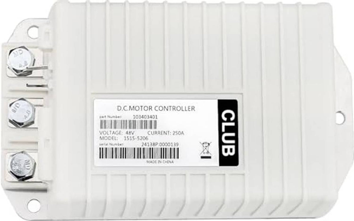 White DC motor controller with black label area and mounting holes on the casing