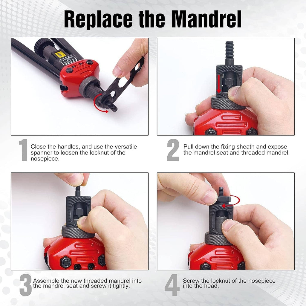 Rivet nut tool mandrel replacement steps showing threaded mandrel and lock nut