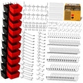 Pegboard organizer kit with black storage bins, red inserts, and assorted metal hooks