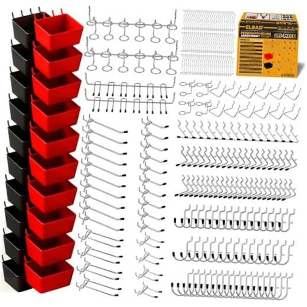 Pegboard organizer kit with black storage bins, red inserts, and assorted metal hooks