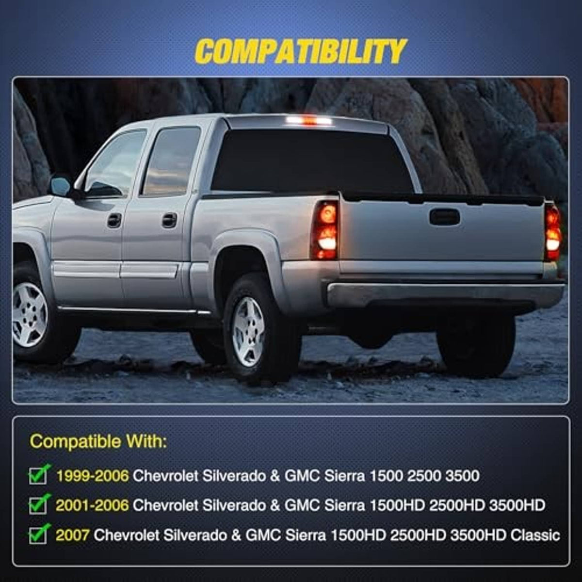 Pickup truck rear showing red LED high mount third brake light illuminated