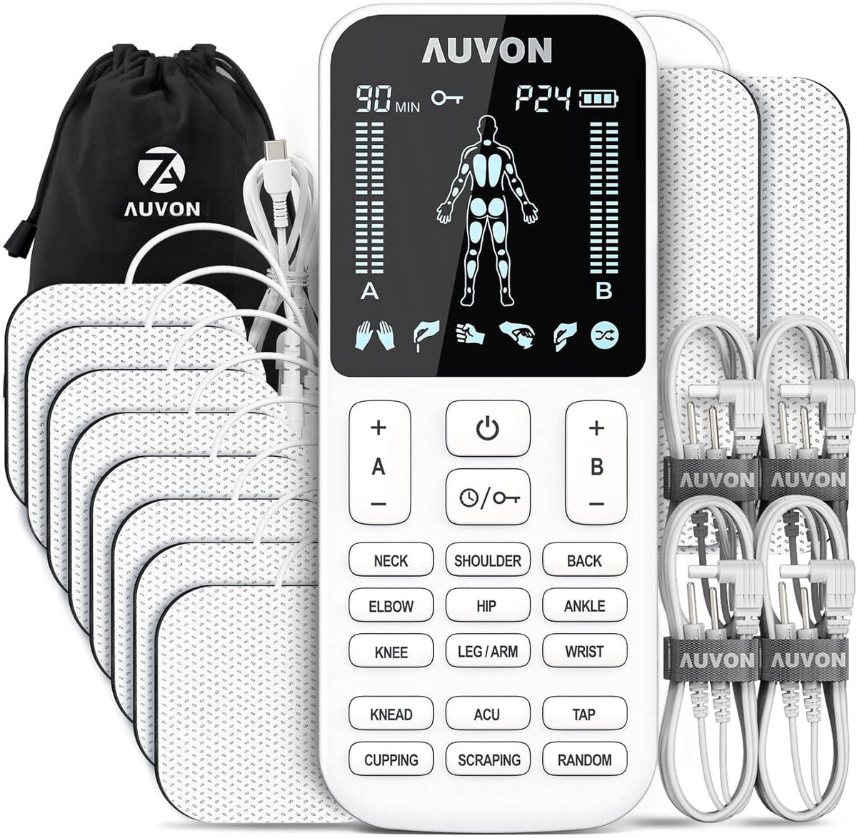 TENS muscle stimulator control unit with electrode pad leads and bundled spare cables