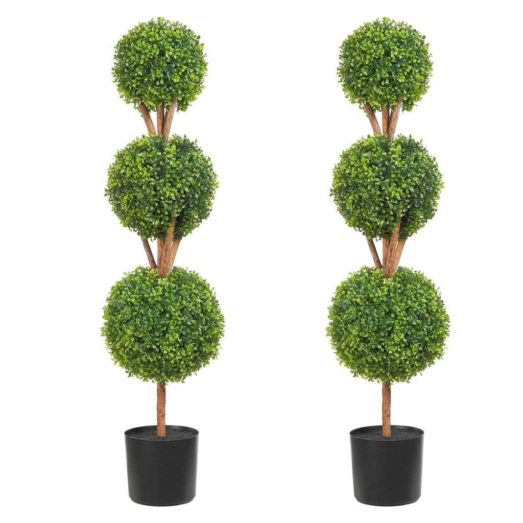 Set of 2 artificial topiary trees with stacked round green foliage in black pots