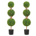 Set of 2 artificial topiary trees with stacked round green foliage in black pots