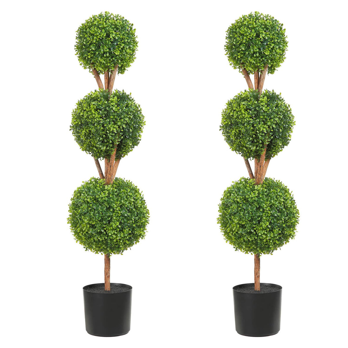 Set of 2 artificial topiary trees with stacked round green foliage in black pots