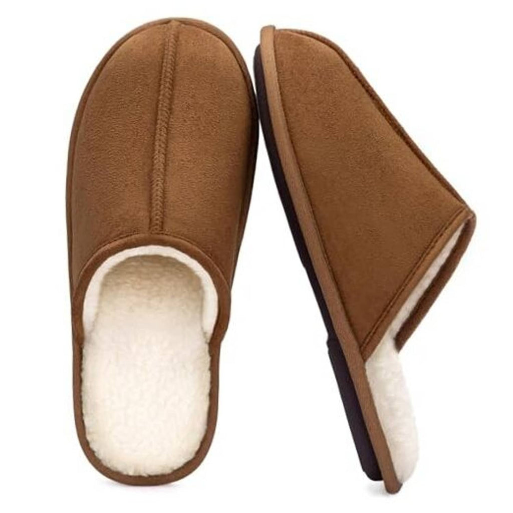 Chestnut brown micro-suede scuff slipper with white sherpa fleece lining, slip-on